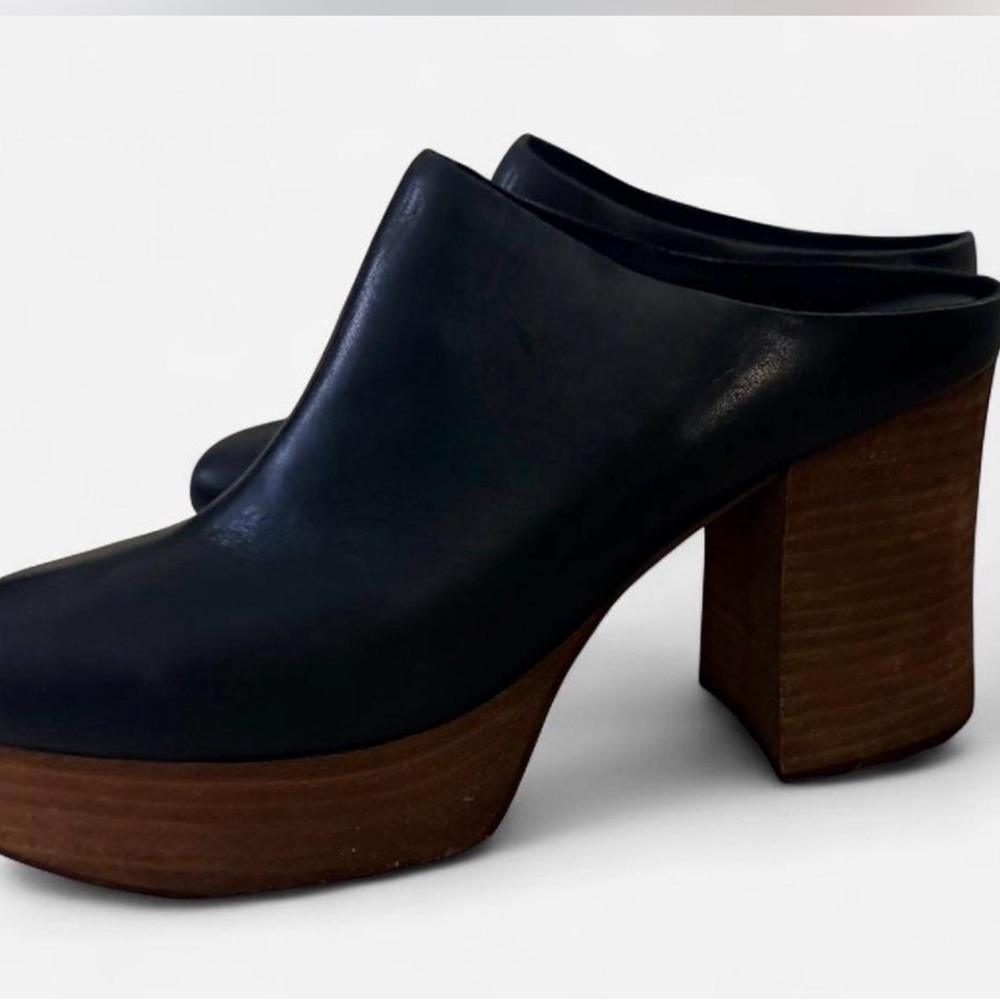 Black Faux Leather Platform Mule Clogs - Women